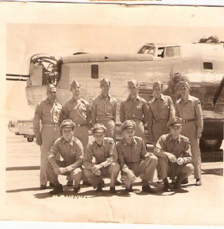 <center><p><b>Lt. Pyles brother-in-law Sgt. Martin's crew</b></p>
Unit unknown</p></center>
<p><b>Front Row: L to R</b> Lt. R.E. Hulling - Bombardier- St Louis, MO; Lt. Herb Learson - Navigator- Connecticut; Lt. D.W. Dreger- Co-Pilot - Cleveland, OH; Lt. M.P. Yanny - Pilot- Illinios</p>

<p><b>Back Row: L To R</b> O Orstead - Engineer - Wisconsin; G Haiaez- Nose Turret - Michigan; G.H. Johnson- Radio Operator- Brooklyn, NY; A.G. Mills Martin- Turret & Asst. Engineer- New Jersey;<b> Robert Rose Martin- Ball Turret & Armor- Fort Smith Arkansas</b>; A. Lewis- Tail Turret- Wisconsin</p>
